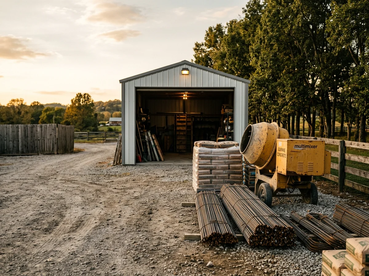 Construction site showing concrete work in progress, tools, and materials staged for a residential or commercial project.