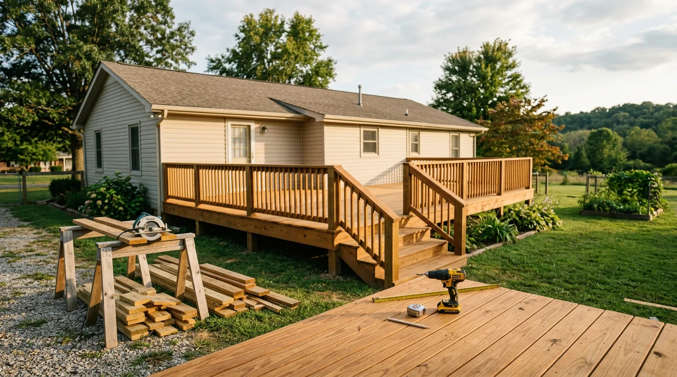 Custom wood deck construction on residential property
