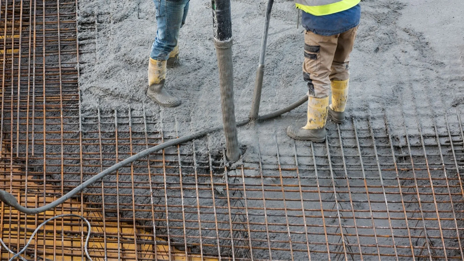 Concrete pour with rebar grid and pump truck hose placement on foundation