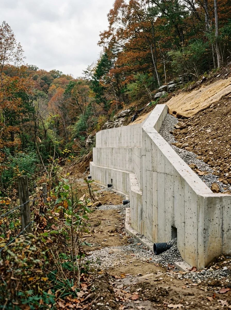 Concrete retaining wall under construction on a ridge property in Cheatham County, Tennessee, showing formed concrete sections holding back a steep yard slope.