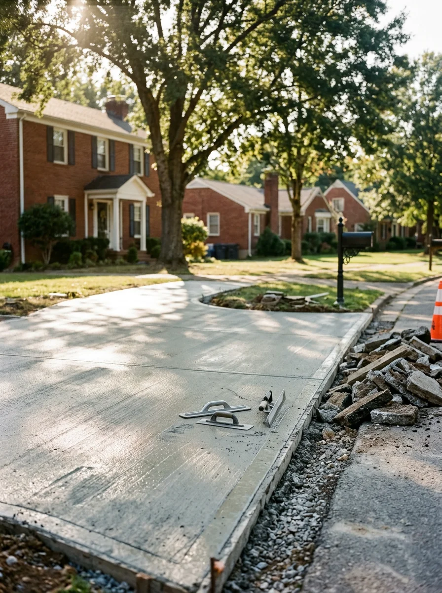 Residential concrete driveway replacement in an established Nashville neighborhood, with old slab removed and fresh concrete poured and edged on a tight urban lot.