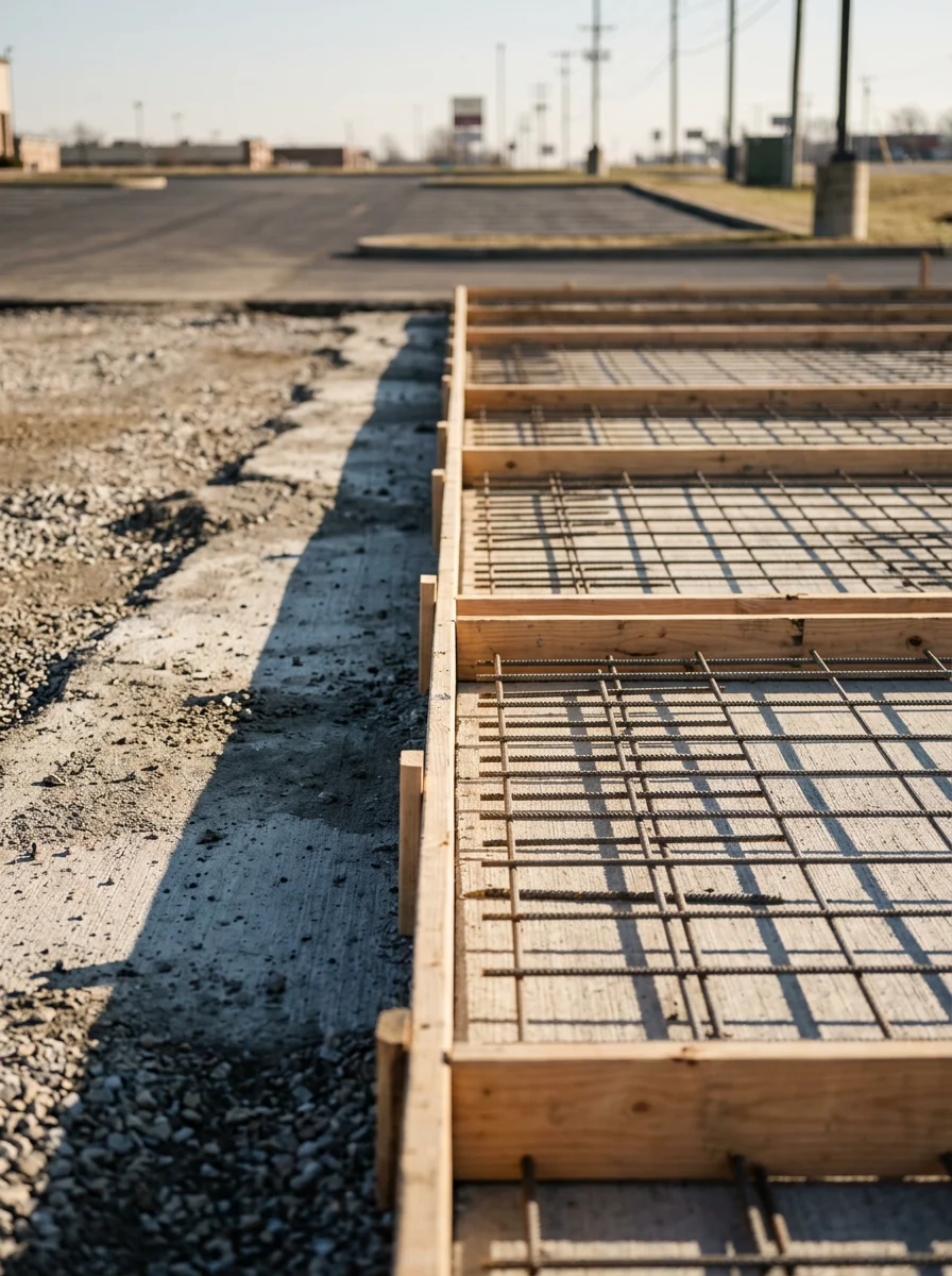 Commercial concrete parking lot pour in progress near the Fort Campbell Boulevard corridor, showing reinforcement mesh and formed sections before the concrete sets.