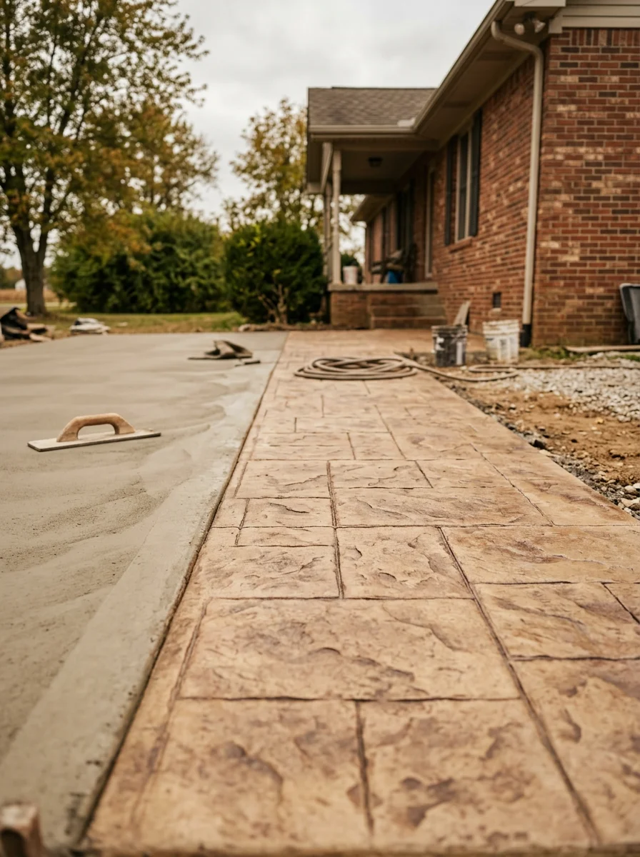 Close-up of stamped concrete patio work in progress on a Todd County, Kentucky home, showing pattern detail and color hardener application.
