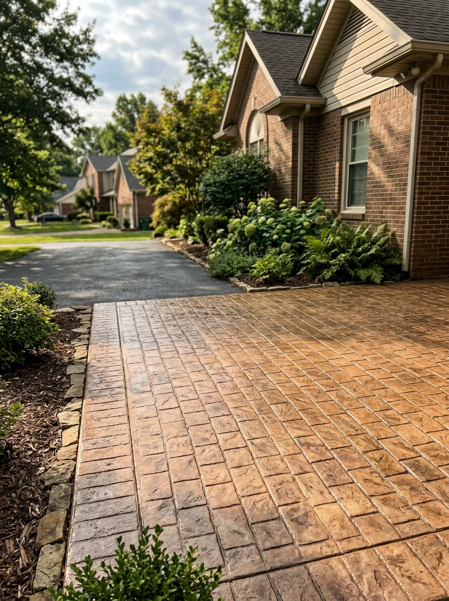 Stamped concrete patio with a brick pattern finish at a Hopkinsville, Kentucky home, showing clean color and texture detail on a freshly sealed surface.