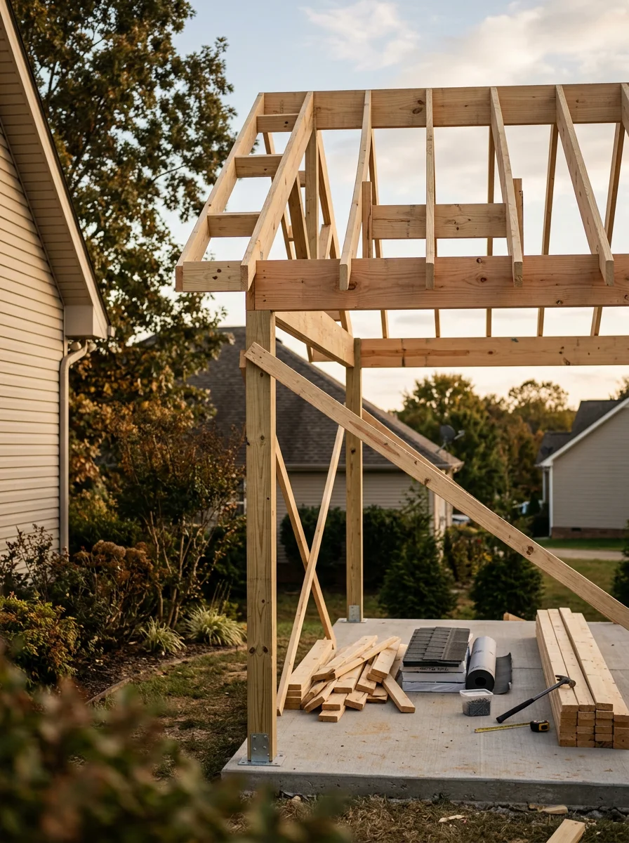 Patio roof structure being built over a concrete patio at a Clarksville, Tennessee home, showing wood framing and roofing materials on a covered outdoor living space.