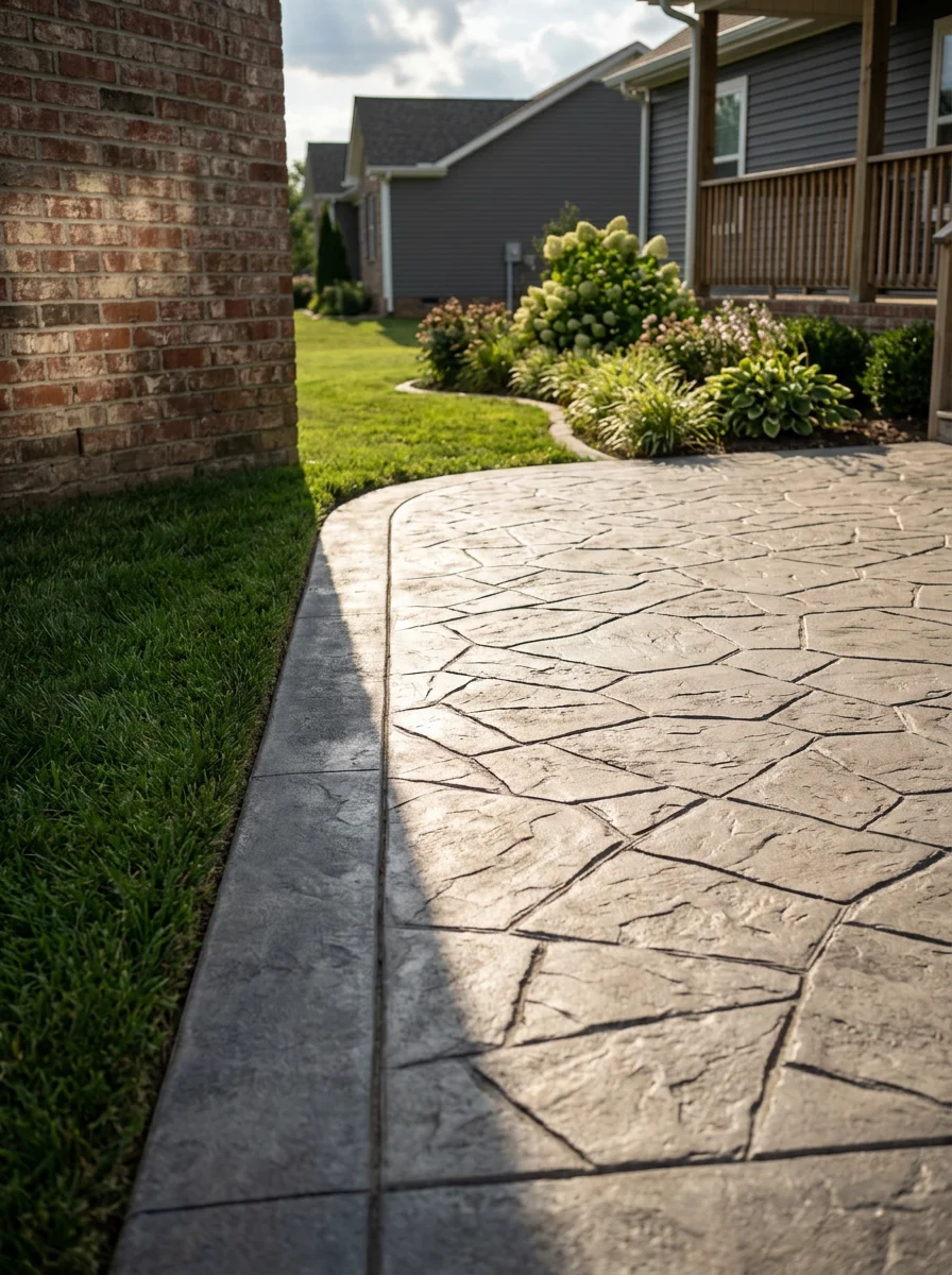 Stamped concrete patio with a stone pattern finish on a newer home in White House, Tennessee, showing color detail and clean border edges.