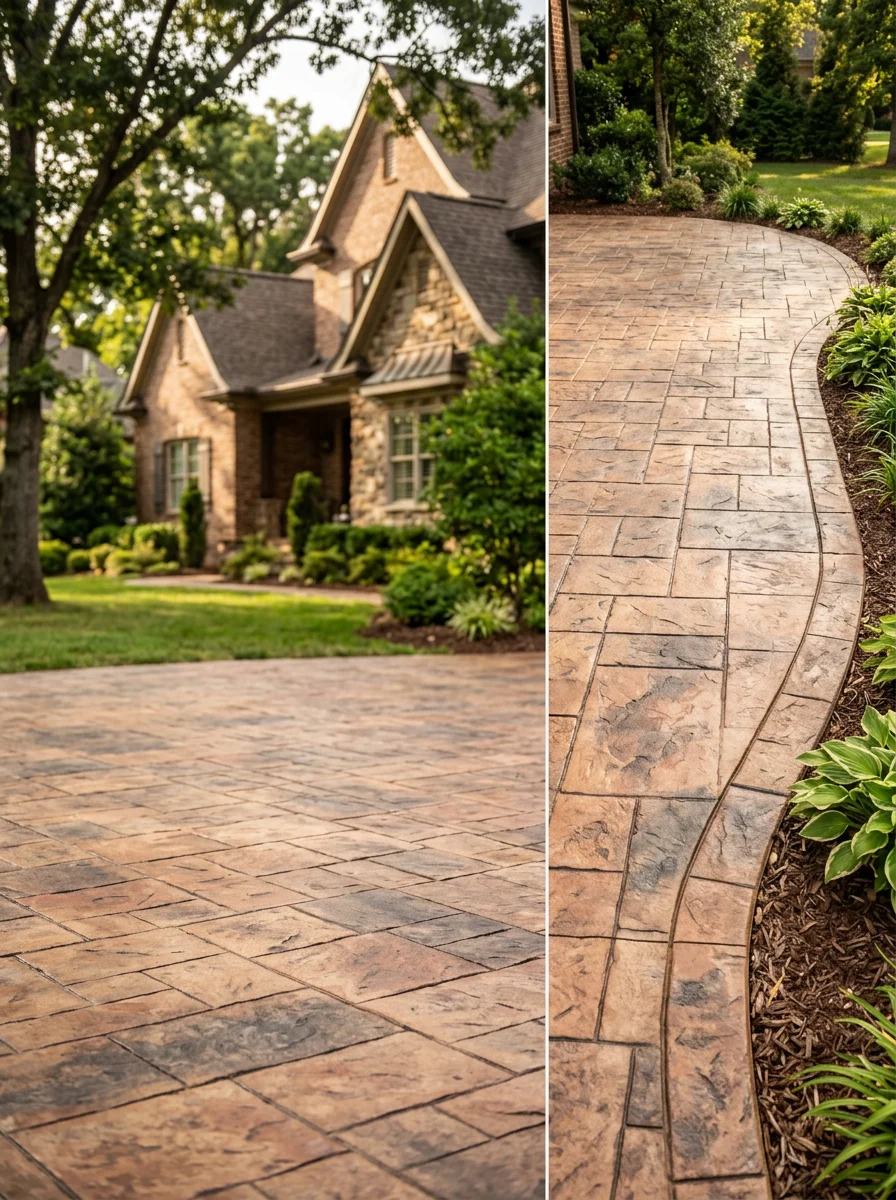 Custom stamped concrete patio with a stone pattern and decorative border on a Brentwood, Tennessee home, showing detailed texture and color hardener finish.