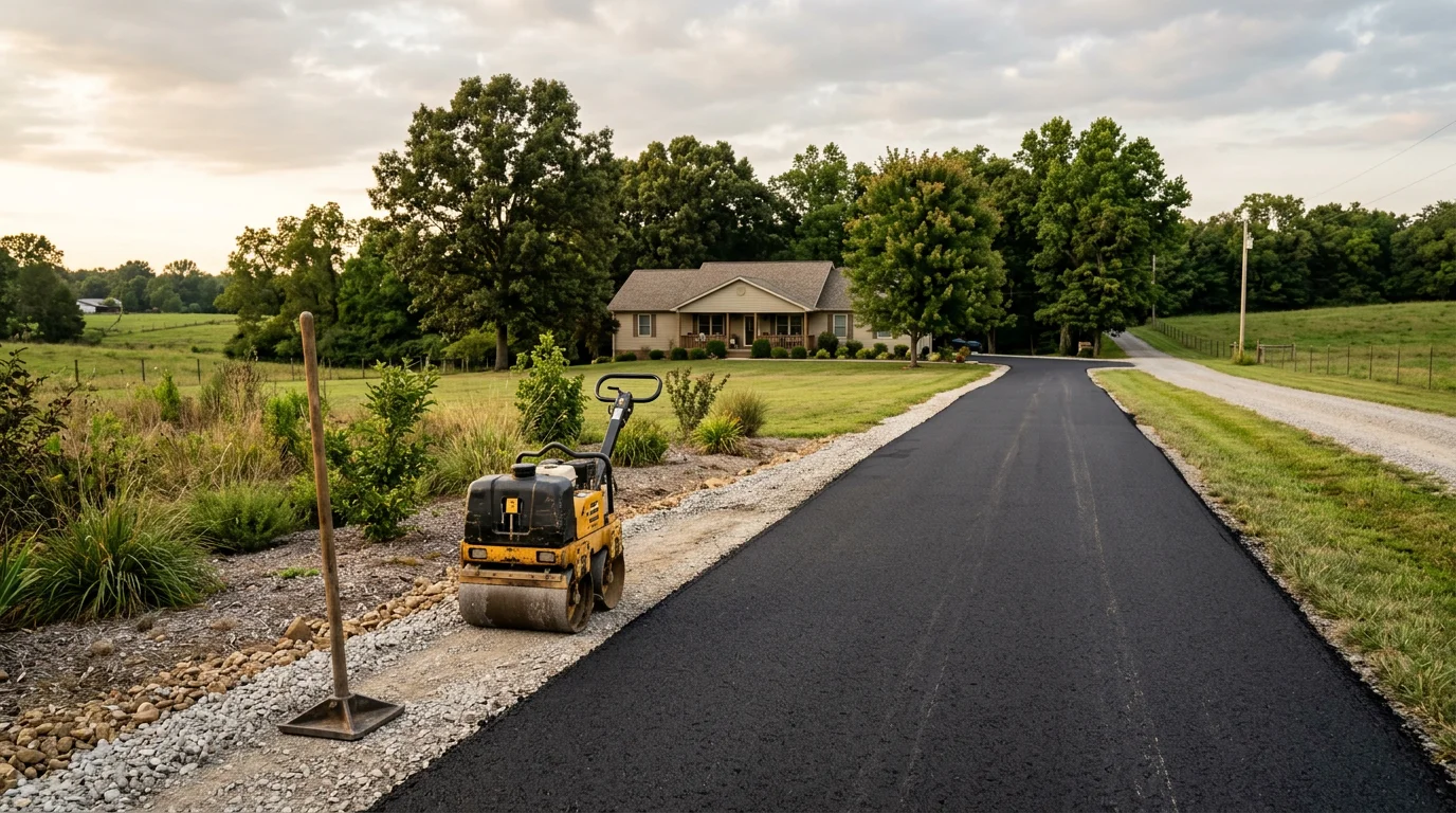 Freshly installed asphalt driveway at a residential property in Guthrie, KY, with clean straight edges and a smooth dark surface leading to the home. The surrounding landscape reflects the rural character common to Todd County and Robertson County properties in the region.