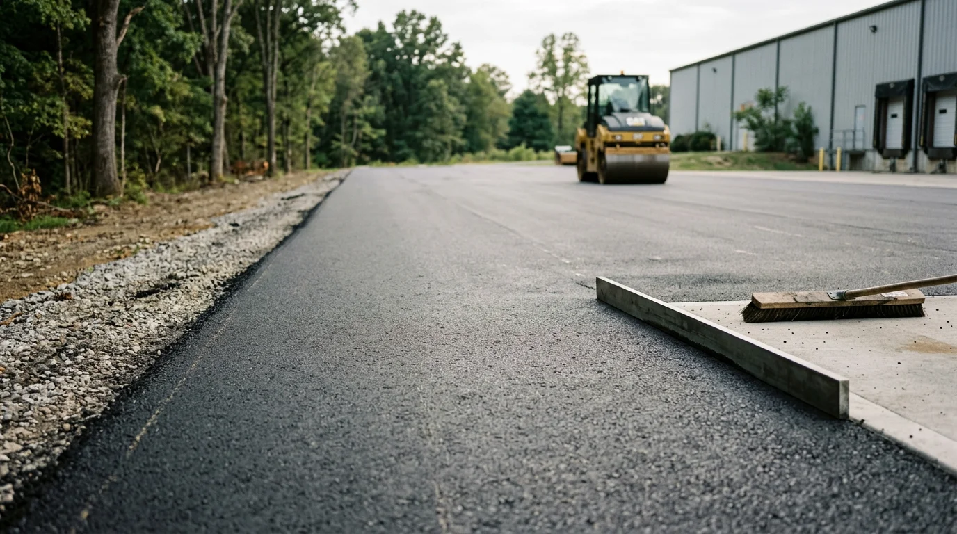 Freshly paved commercial asphalt access road at a business property in Guthrie, KY, with clean edges and a smooth, even surface. Robertson County commercial site showing completed blacktop drive under clear skies.