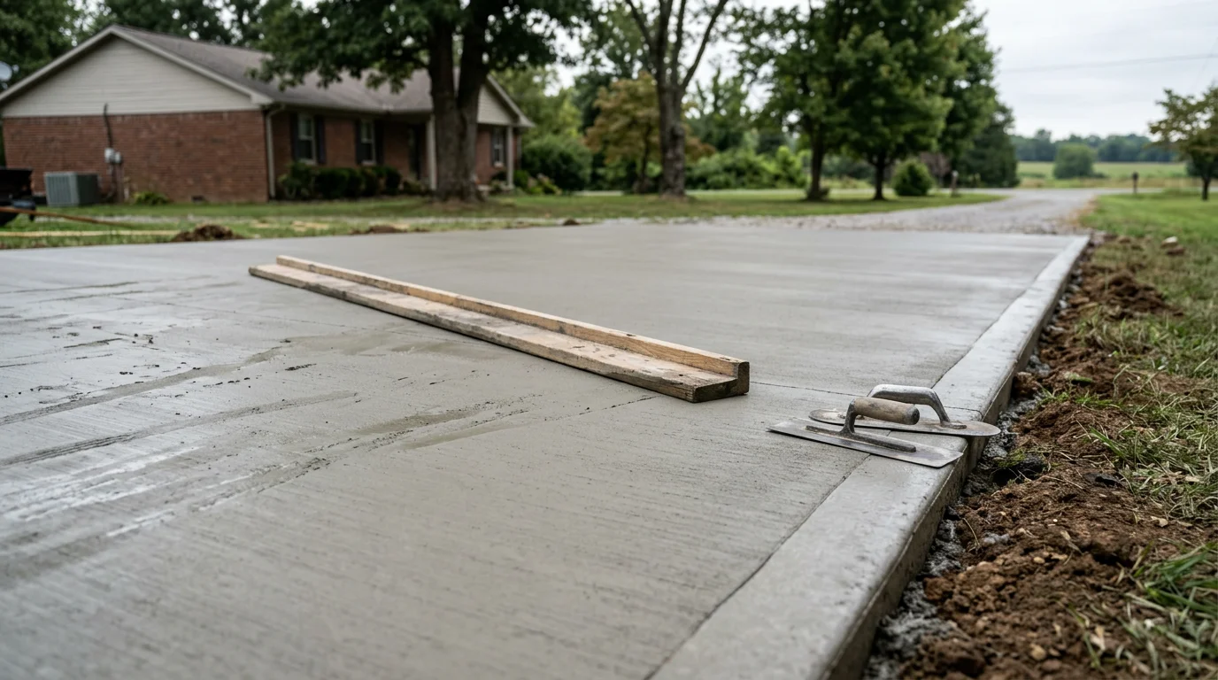 Freshly poured concrete driveway at a residential property in Guthrie, KY, with clean edges and a smooth finished surface leading to an attached garage. The slab shows even coloring and precise edgework typical of a quality concrete pour in the Robertson County area.