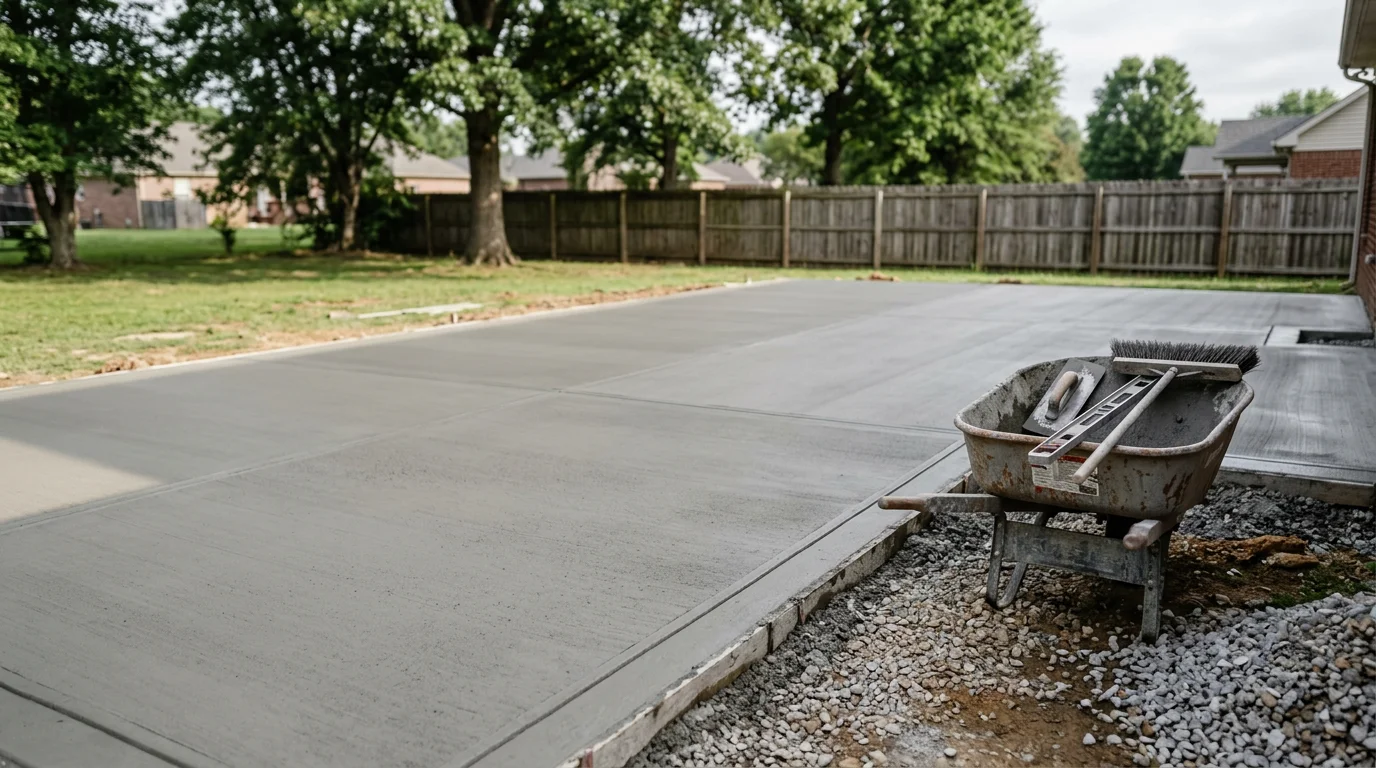 A freshly poured concrete patio slab behind a residential home in Guthrie, KY, with clean edges and a smooth finish. The patio extends from the back door across a level backyard, ready for outdoor furniture and everyday use.