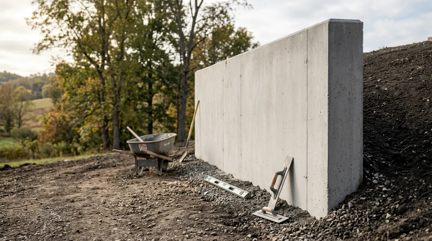A finished concrete retaining wall holding back a sloped residential yard in Guthrie, KY, with clean edges and a smooth surface. The wall levels the grade and creates usable flat ground behind it.