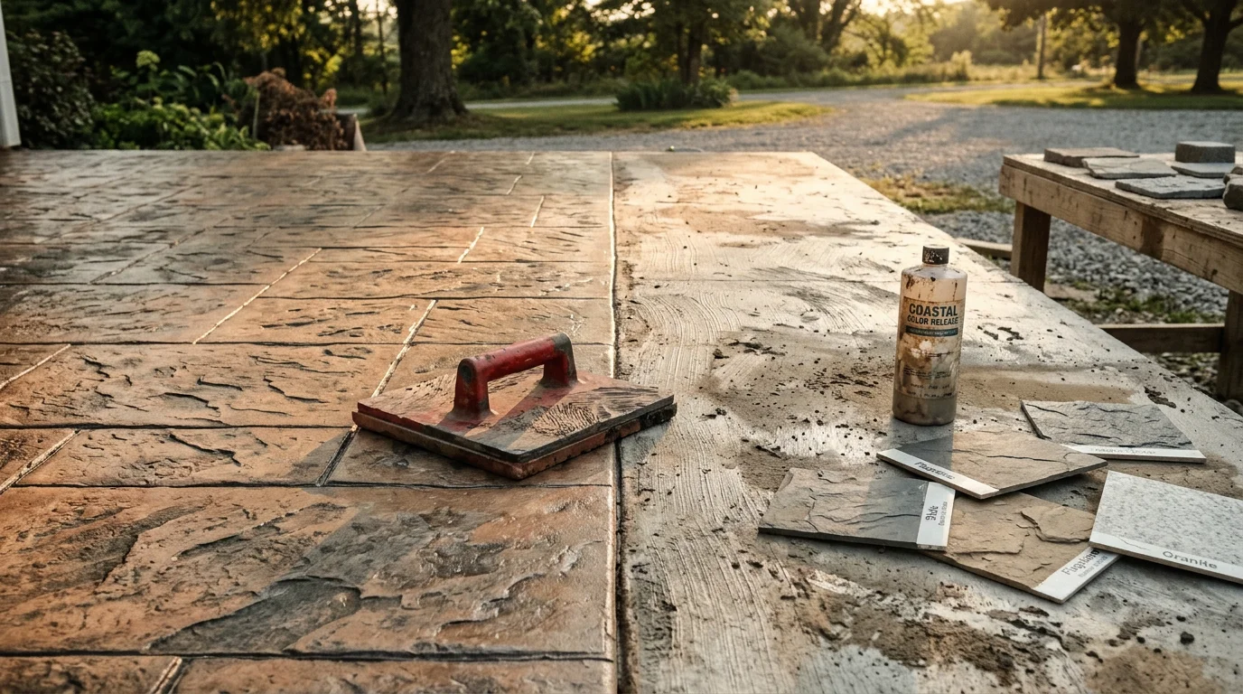 Freshly stamped concrete patio with a stone-textured pattern installed by JCAR Construction in Guthrie, KY. The surface shows defined color depth and clean edges typical of decorative concrete work in the Robertson County area.