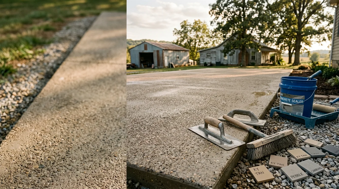 A finished custom concrete surface at a residential property in Guthrie, KY, showing a detailed texture and color finish poured by JCAR Construction. The surface runs alongside a home exterior in Robertson County, reflecting a one-of-a-kind design rather than a plain gray slab.