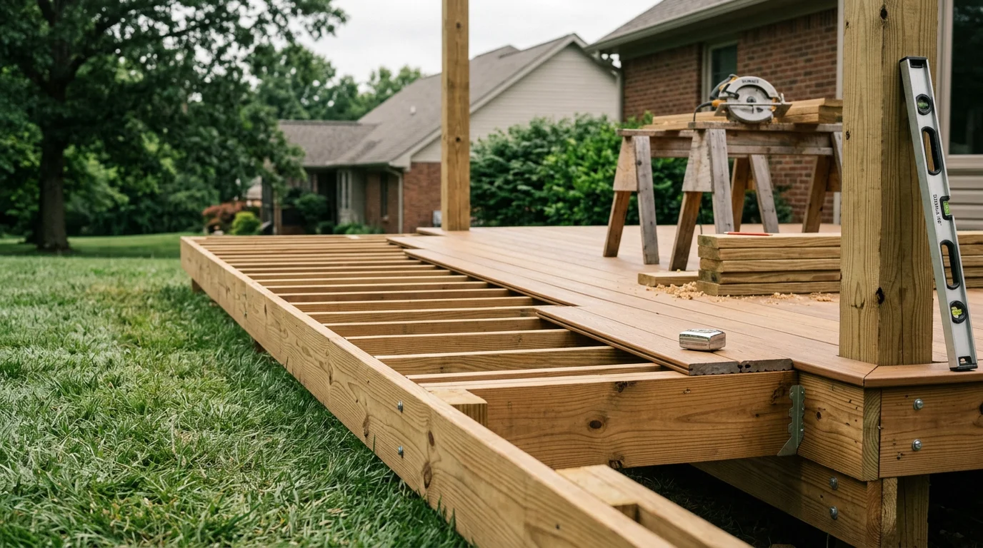 A custom wood deck built by JCAR Construction attached to a residential home in Guthrie, KY, featuring clean framing, finished railings, and detailed craftsmanship. The deck extends into a backyard typical of Todd County properties in southwestern Kentucky.