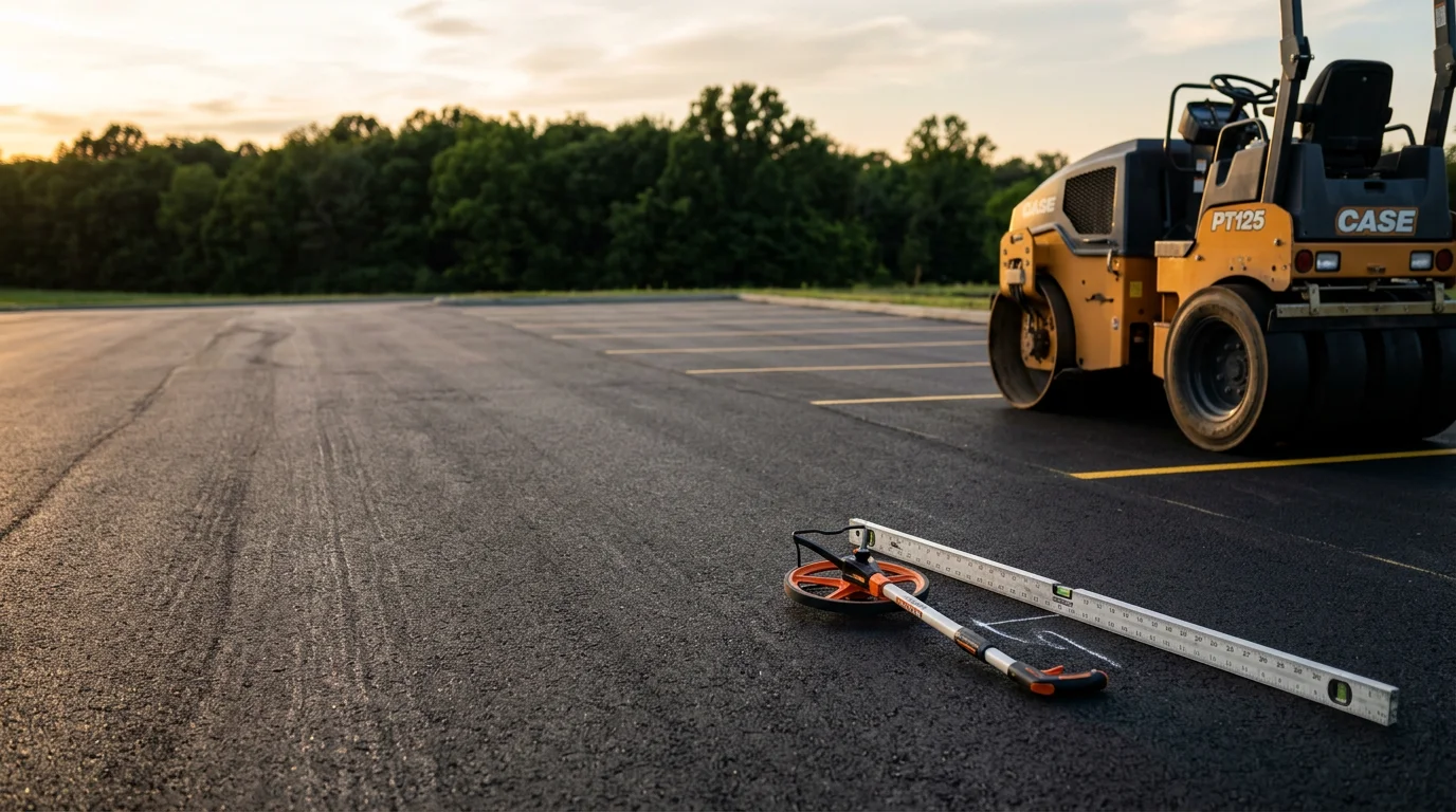 Freshly paved commercial asphalt parking lot with smooth, dark surface and clean edges at a business property in Guthrie, KY. The lot shows uniform compaction and a finished appearance ready for striping.