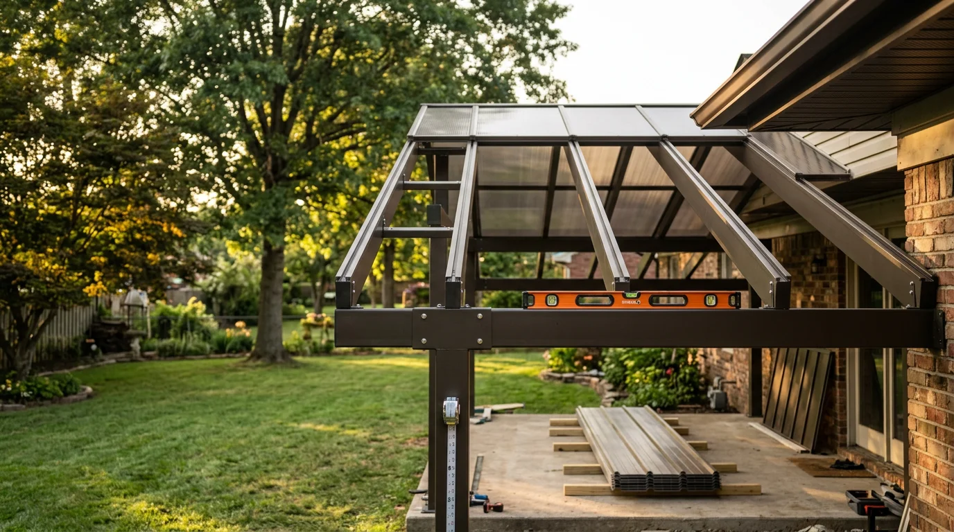 A newly installed attached patio roof over a concrete slab at a residential home in Guthrie, Kentucky, with clean roofline integration and finished trim detail. The covered outdoor space overlooks a backyard typical of rural Robertson County properties.
