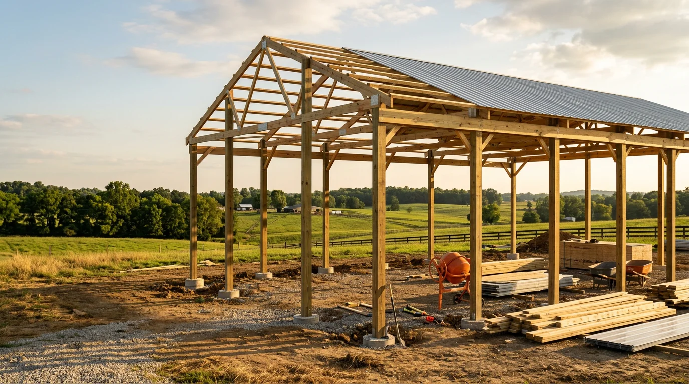 A completed custom pole barn built by JCAR Construction on a rural property in Guthrie, KY, featuring clean rooflines and quality exterior finish work. Wide entry doors open to a large open-span interior suited for equipment storage or farm use.