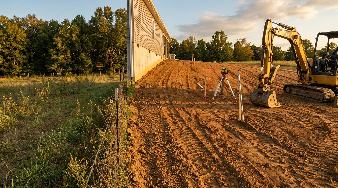 Freshly graded residential property in Guthrie, KY showing smooth, sloped terrain with soil shaped away from the home's foundation. Heavy equipment tracks visible across the leveled yard surface with a rural Todd County landscape in the background.