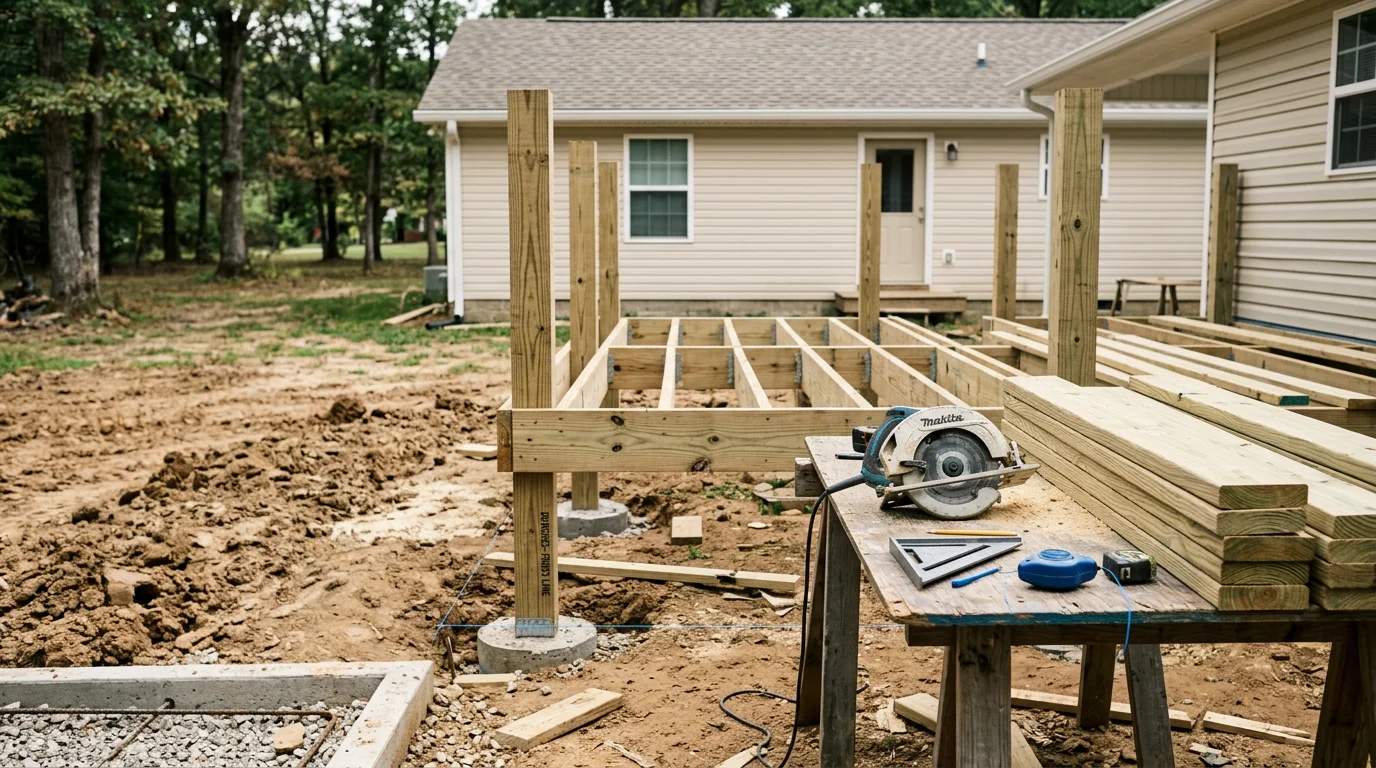 A custom residential deck attached to a single-family home in Guthrie, KY, featuring detailed railing work and quality decking boards suited to the Kentucky climate. The design reflects a one-of-a-kind layout built to complement the home's exterior and backyard space.