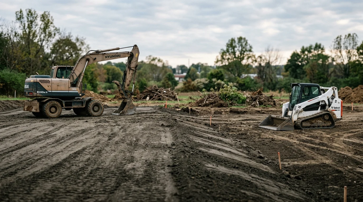 A cleared and leveled construction site in Guthrie, KY with graded soil ready for a concrete pour or new structure. Surrounding Robertson County tree lines are visible in the background.