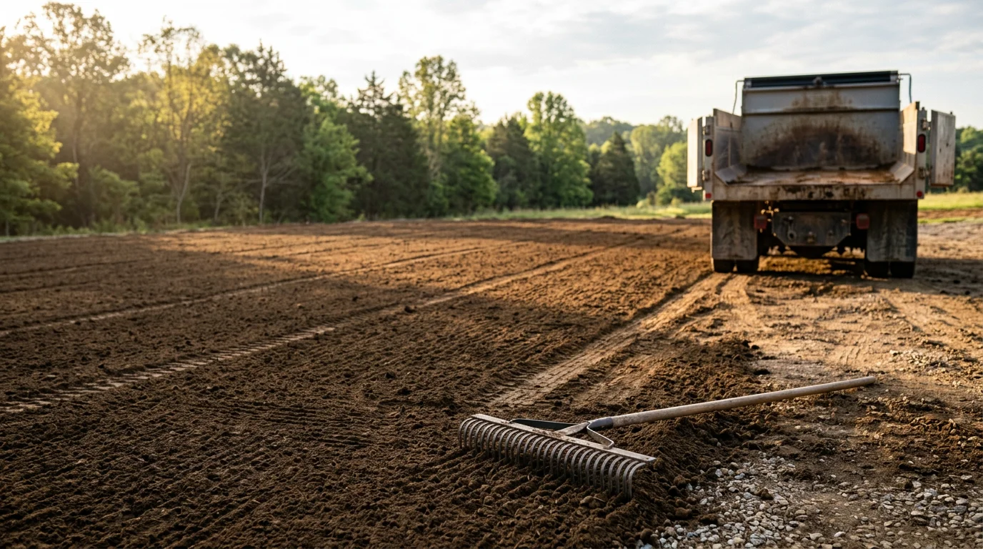 A freshly graded topsoil surface on a residential property in Guthrie KY, with smooth, even soil spread across a large yard area ready for seeding. A construction machine sits in the background near the edge of the lot.